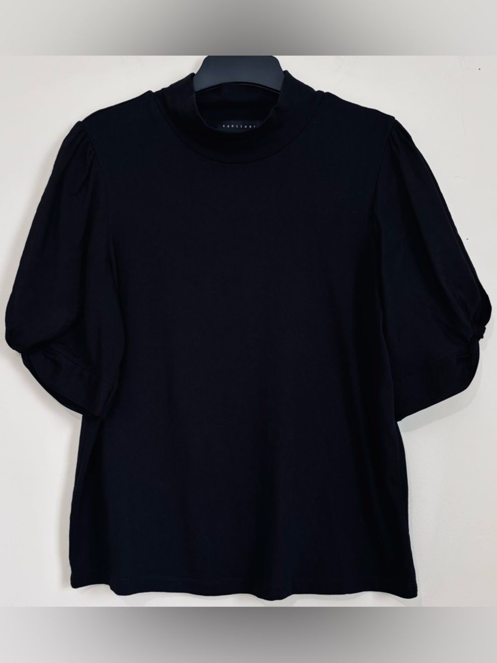Sanctuary minimalist base layer black mock neck puff pleated short sleeve Tee M - Picture 3 of 16